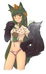  1girl absurdres alternate_costume animal_ears anubis_(monster_girl_encyclopedia) bangs blush closed_mouth collar commentary commission contrapposto cowboy_shot crop_top dark_green_hair egyptian_clothes eyebrows_visible_through_hair green_eyes green_hair hair_ornament hand_on_hip heart heart_print hhhori highres jewelry long_hair looking_at_viewer midriff monster_girl monster_girl_encyclopedia navel pajamas panties paws pink_panties pink_shirt shirt signature simple_background slit_pupils smile snake_hair_ornament solo standing tail tail_raised underwear very_long_hair white_background wolf_ears wolf_tail 