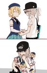  2koma album_cover alternate_costume alternate_hairstyle bag baseball_cap beret black_hat black_neckwear blonde_hair blue_eyes blue_hat blue_jacket braid carrying casual character_doll character_print closed_mouth comic cover darjeeling detached_collar disguise elbow_gloves face_mask fud girls_und_panzer gloves green_skirt handshake hat highres holding itsumi_erika jacket long_hair looking_at_another mask multiple_girls necktie open_mouth otaku pleated_skirt ponytail print_hat print_shirt shirt shopping_bag short_hair short_sleeves silver_hair skirt sleeveless sleeveless_jacket smile sunglasses sweatdrop t-shirt tied_hair translated twin_braids white_gloves white_shirt 