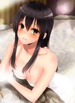  akagi_(kantai_collection) bangs bare_shoulders black_hair blush breasts brown_eyes collarbone commentary_request eyebrows_visible_through_hair hair_between_eyes hand_up highres kantai_collection kiko_(okuwae) long_hair looking_at_viewer medium_breasts naked_towel onsen outdoors parted_lips sidelocks smile solo towel 