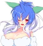  blue_hair blush breasts cum cum_on_body cum_on_breasts cum_on_hair cum_on_upper_body facial gen_2_pokemon highres jumpluff large_breasts long_hair multicolored_hair nakamura_sandayo nipples one_eye_closed open_mouth personification pokemon red_eyes simple_background solo tongue upper_body white_background white_hair 