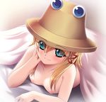  bed blonde_hair blue_eyes breasts eyes hat looking_at_viewer moriya_suwako nakajou nipples nude revision short_hair small_breasts solo touhou 