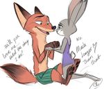 2017 anthro boxers_(clothing) canine claws clothed clothing colored_sketch dialogue dipstick_ears dipstick_tail disney duo eye_contact female fox fur gloves_(marking) green_eyes judy_hopps kneeling lagomorph male mammal markings multicolored_tail nick_wilde partially_clothed pawpads rabbit simple_background size_difference smile socks_(marking) standing toe_claws topless trashasaurusrex underwear white_background zootopia 