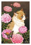  blue_eyes border brown_background bug butterfly cat cat_focus closed_mouth commentary_request flower insect leaf looking_away no_humans original peony_(flower) plant signature sitting takigraphic whiskers white_border 