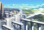  blue_sky bridge city cloud commentary_request day defensive_wall fantasy gate landscape miso_katsu mountain no_humans original outdoors scenery sky tower valley wall 