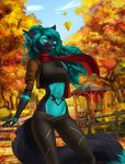  2017 5_fingers anthro blue_hair blue_nose breasts canine clothed clothing day detailed_background digital_media_(artwork) ear_piercing elvofirida female fox hair mammal outside piercing purple_eyes scarf smile solo stanidng thin_waist 