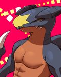  2017 abs anthro anthrofied biped brown_eyes bust_portrait claws digital_drawing_(artwork) digital_media_(artwork) dorsal_fin dragon fangs fin front_view frown garchomp grey_body grey_sclera imayanoiko japanese looking_at_viewer male muscular muscular_male nintendo nude pecs pink_background pok&eacute;mon pok&eacute;mon_(species) pok&eacute;morph portrait red_body sawk scalie shadow simple_background small_pupils solo standing video_games white_claws yellow_body 