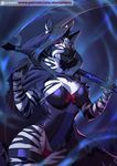  2017 5_fingers alanscampos anthro breasts clothed clothing corset digital_media_(artwork) equine female fur hair halloween holding_object holding_weapon holidays lingerie mammal melee_weapon panties polearm scythe smile solo striped_fur stripes thong underwear weapon wide_hips zebra 