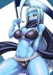  absurdres ahoge black_bra black_panties black_scarf black_sclera blue_hair blue_skin blush bra breasts cowboy_shot dullahan highres huge_ahoge lace lace-trimmed_panties lala_(monster_musume) large_breasts long_hair looking_at_viewer monster_musume_no_iru_nichijou navel panties scarf scythe solo sweat thick_thighs thighs underboob underwear underwear_only very_long_hair virusotaku yellow_eyes 