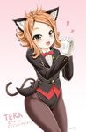  2016 :d animal_ears bangs black_jacket black_legwear black_leotard blazer bow bowtie bunny buttons cat_ears cat_tail chiaki_tarou coattails collared_shirt copyright_name dated elin_(tera) eyebrows eyebrows_visible_through_hair flat_chest gloves gradient gradient_background groin hands_together hands_up heart highres interlocked_fingers jacket leotard long_hair long_sleeves open_mouth orange_eyes orange_hair pantyhose parted_bangs red_bow red_neckwear shirt signature smile solo standing tail tera_online white_gloves white_shirt 