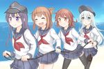  ^_^ ^o^ akatsuki_(kantai_collection) black_hat black_legwear black_sailor_collar black_skirt blue_eyes brown_eyes brown_hair closed_eyes flat_cap hair_between_eyes hat hibiki_(kantai_collection) ido_(teketeke) ikazuchi_(kantai_collection) inazuma_(kantai_collection) kantai_collection long_hair long_sleeves multiple_girls neckerchief open_mouth pantyhose pleated_skirt purple_eyes purple_hair red_neckwear rope_train sailor_collar school_uniform serafuku short_hair silver_hair skirt smile thighhighs 