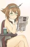  bespectacled black_skirt brown_hair commentary_request glasses gloves green_eyes headgear holding ido_(teketeke) kantai_collection mutsu_(kantai_collection) newspaper pleated_skirt short_hair sitting skirt solo twitter_username white_gloves wo-class_aircraft_carrier 