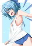  :d alternate_costume armpit_peek bare_arms bare_shoulders blue_background blue_bow blue_eyes blue_hair blue_shorts blue_wings border bow boyshorts breasts cirno commentary_request cowboy_shot fingernails hair_bow highres ice ice_wings looking_at_viewer medium_hair multicolored_hair nori_tamago open_mouth shiny shiny_hair shorts small_breasts smile solo sparkle tank_top touhou two-tone_hair white_background white_border white_tank_top wings 