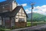  blue_sky cloud cloudy_sky commentary_request day door drainpipe grass half-timbered hill house miso_katsu mountain no_humans original outdoors path plant potted_plant power_lines railing road rural scenery sidewalk sky stepping_stones telephone_pole tile_roof town transformer window 