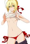  ahoge blonde_hair blush breasts closed_mouth fate/extra fate_(series) green_eyes hair_ribbon looking_away medium_breasts navel nero_claudius_(fate) nero_claudius_(fate)_(all) panties poteto_hanbagu red_panties red_ribbon ribbon short_hair short_sleeves side-tie_panties simple_background solo underboob underwear white_background 
