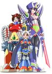  3girls agile armor ball_and_chain blush breasts brown_hair buti-yu counter_hunters energy_sword genderswap green_eyes grey_hair hand_on_hip height_difference multiple_girls pink_eyes purple_hair red_eyes rockman rockman_x serges violen weapon 