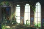  day dust_particles fantasy grass indoors miso_katsu moss no_humans original overgrown painting_(object) plant portrait_(object) ruins scenery stairs stone_floor sunlight throne throne_room window 