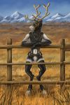  2017 anoroth anthro antlers bdsm biped bit_gag blue_eyes cervine clothing detailed_background digital_media_(artwork) fence fur gag harness horn kumagoro leather legwear male mammal mountain nude outside petplay ponyplay reindeer roleplay signature solo stockings velvet_antlers 