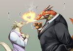  &lt;3 anthro blush breasts business_suit cigarette clothing dragon eye_contact female fire fire_breathing japanese_text male necktie scales shaolin_bones smoking standing suit text translation_request 