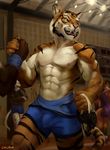  2017 5_fingers abs anthro biceps bulge chunie clothed clothing detailed_background digital_media_(artwork) fangs feline flaccid front_view fur green_eyes group hi_res holding_object humanoid_hands humanoid_penis male mammal muscular muscular_male nipples open_mouth pecs penis penis_outline pink_nipples pink_nose scar shorts smile solo solo_focus standing stripes tallyhawk_(tallyhawk) teeth tiger tight_clothing tongue topless triceps vein whiskers white_fur wrestling_singlet 