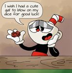 2017 4_fingers animate_inanimate arm_support biped black_body black_eyes brown_background clothed clothing cup cuphead_(character) cuphead_(game) dialogue dice digital_drawing_(artwork) digital_media_(artwork) english_text front_view gloves half-closed_eyes hand_on_head hi_res holding_object humanoid leaning_on_elbow male not_furry object_head open_mouth open_smile pants red_bottomwear red_clothing red_nose red_tongue simple_background smile solo speech_bubble standing straw table text toony topless two_tone_body white_body wonderweird 