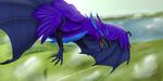  avian beak day detailed_background digital_media_(artwork) feral fur green_eyes gryphon gryphon1 open_mouth outside purple_fur sky solo teeth 