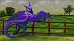  avian beak black_beak day digital_media_(artwork) feathers featureless_crotch fence grass green_eyes gryphon gryphon1 membranous_wings outside purple_feathers sky solo wings 