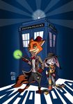  2017 3_toes anthro barefoot bow_tie canine claws clothing disney doctor_who female fez fox fur green_eyes hat judy_hopps lagomorph male mammal nick_wilde purple_eyes rabbit scarf southparktaoist tardis toe_claws toes zootopia 