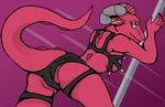  anthro breasts butt dragon female horn interstellar_demon_stripper looking_back pink_eyes pink_scales pole purple_background raised_tail reptile rick_and_morty scales scalie simple_background solo spikes spines stripper zspartancats 