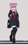  2017 anthro blush clothed clothing digital_media_(artwork) female fur hair legwear looking_at_viewer mammal mouse octaviados rodent school school_uniform simple_background slightly_chubby smile solo standing stockings thigh_highs uniform 