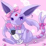  bow cross earrings espeon forehead_jewel forked_tail gen_2_pokemon heart holding jewelry kemoribon looking_at_viewer no_humans paws pill pink_background pink_bow pink_neckwear pokemon pokemon_(creature) purple_eyes ribbon sitting star syringe tail tail_ribbon tears 