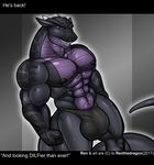  2017 abs anthro ballsack_outline black_scales bulge clothed clothing dragon grin horn male multicolored_scales muscular muscular_male nipples pecs penis_outline purple_scales red_eyes renthedragon scales scalie skimpy smile solo standing teeth thong two_tone_scales 