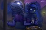  2013 anthro anthrofied badenov banana bed blue_eyes blue_feathers blue_hair breasts cleavage clothed clothing cup equine feathered_wings feathers female food friendship_is_magic fruit hair holding_cup horn inside looking_at_viewer mammal moon my_little_pony night princess_luna_(mlp) solo winged_unicorn wings 