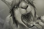  black_and_white body_in_mouth close-up dragon forced kangaroo looking_up mammal marsupial monochrome mouth_shot nylla oral_vore scared signature swallowing taluthus teeth themirth tongue tongue_out vore 