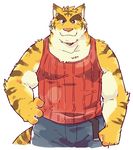  clothing feline garouzuki jeans kemono looking_at_viewer mammal morenatsu pants red_shirt simple_background tiger torahiko_(morenatsu) white_background 