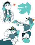  &lt;3 2017 5_fingers alternate_costume blue_hair blush breasts butt cleavage clothed clothing collage dabbledraws digital_media_(artwork) eyes_closed female hair handcuffs hat jacket jenny_wakeman legwear lying machine metal_skin midriff my_life_as_a_teenage_robot no_underwear not_furry on_back one_eye_closed open_mouth perspective police police_officer pose robot shackles shirt simple_background skirt solo standing thigh_highs upskirt weapon white_background wink 