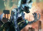  african_wild_dog anthro building canine city claws clothed clothing female gasmask_(artist) hair kace_(ruse63) kneeling mammal outside prosthetic_arm solo white_hair 