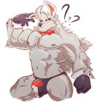  2017 ? anthro bandage big_biceps big_pecs black_nose bow_tie bulge canine clothed clothing digital_drawing_(artwork) digital_media_(artwork) fur gloves hi_res looking_at_viewer lupo_(sleepymute) male mammal muscular muscular_male nipples pecs shirt_cuffs simple_background sleepymute solo speedo standing swimsuit topless were werewolf white_background white_fur wolf 