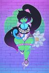  2017 amphibian anthro big_breasts big_butt black_hair breasts brick_wall butt chav cleavage clothed clothing female flower footwear frog garter_belt garter_straps graffiti hair huge_breasts lily_pad long_tongue pink_eyes plant poison_lily_(character) shoes shorts smutbunny solo sweatshirt text thick_thighs tongue tongue_out voluptuous wide_hips 