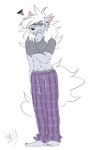  2017 5_toes absurd_res annoyed anthro black_nose black_shirt blush canine clothed clothing digital_drawing_(artwork) digital_media_(artwork) doopcity fur gray_shirt grey_fur hair hi_res long_hair looking_at_viewer male mammal pajamas pretty_cure purple_bottomwear shirt simple_background solo standing striped_bottomwear tired toes waking_up white_background white_hair wolf wolfrun 