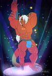  abs anthro biceps big_muscles blue_eyes blue_underwear bulge clothed clothing dancing dragon hair jockstrap male muscular pecs pinup pole pole_dancing pose ravenouscannibal red_scales scales scalie slyphin_drakil solo standing topless triceps underwear western_dragon white_hair 