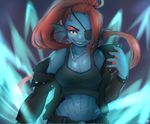 anthro at blue_skin clothing eye_patch eyewear female fish hair jewelry long_hair looking_at_viewer mammal marine muscular muscular_female necklace red_hair shirt smile solo tank_top undertale undyne video_games yellow_eyes 