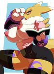  2017 anthro areola armwear barely_visible_genitalia big_areola big_breasts black_sclera book breasts clothed clothing digimon eyewear female fur_markings glasses half-closed_eyes juzztie legwear looking_at_viewer mane markings nipples open_shirt renamon shirt simple_background skirt solo stockings subtle_pussy yellow_eyes 