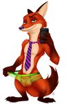  2017 animal_genitalia anthro balls brown_fur bulge canine cellphone claws clothed clothing disney fox fur green_eyes looking_at_viewer male mammal necktie nick_wilde orange_fur penis phone purple_eyes rcc2002 selfie sheath simple_background smile solo standing toe_claws topless translucent transparent_clothing underwear white_background white_fur zootopia 