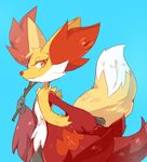  blue_background blush cactus_(artist) delphox female half-closed_eyes hand_up hi_res looking_at_viewer looking_to_the_side nintendo pok&eacute;mon pok&eacute;mon_(species) simple_background smile solo standing stick toony video_games 