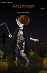  2017 aleone anthro areola big_areola big_ears breasts building caprine cloak clothed clothing farm female fence fire flower food fruit fur garden goat halloween holidays hooves horn house jack-o&#039;-lantern magic mammal melee_weapon navel night nipples outside partially_clothed plant polearm pumpkin pumpkin_patch scarecrow scythe solo tentacles text torn_bottomwear torn_clothing torn_topwear undressing weapon white_fur 