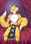  2017 2_tails 5_fingers anthro athletic bed bedding biceps biped black_bottomwear black_clothing black_eyes blush brown_fur brown_nose canine cheek_tuft chest_tuft clothed clothing digital_drawing_(artwork) digital_media_(artwork) digitigrade dipstick_tail dragon_ball dragon_ball_super fist fluffy fluffy_tail fox front_view frown fur gloves_(marking) hi_res humanoid_hands inner_ear_fluff japanese kemono liquir loincloth male mammal markings moguro multi_tail multicolored_fur multicolored_tail neck_tuft on_bed orange_fur orange_tail portrait sitting skimpy slim socks_(marking) solo squint three-quarter_portrait topless tuft two_tone_tail white_fur white_tail yellow_sclera 