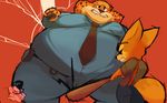  ballbusting baseball_bat benjamin_clawhauser canine clenched_teeth clothed clothing cock_and_ball_torture disney eyewear fennec finnick fox glasses male male/male mammal necktie obese overweight pain police shamelesss signature simple_background teeth zootopia 