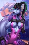  anthro bodysuit canine clothing cosplay facial_piercing female lip_piercing looking_at_viewer makeup mammal mascara nipple_bulge overwatch piercing sitting skinsuit smile solo tight_clothing tril-mizzrim video_games wide_hips widowmaker_(overwatch) 