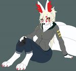  barefoot big_breasts blonde_hair breasts canine claws cleavage clothed clothing controller female fox fur hair jacket jeans kamikitsu mammal pants paws red_claws red_fur simple_background sitting solo toe_claws white_fur yellow_eyes 