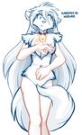  2017 ?! animal_humanoid anthro breasts canine casual_nudity chest_tuft collar collar_of_keidranification collar_tag confusion convenient_censorship covering covering_self featureless_breasts female fluffy hair hi_res humanoid hybrid keidran long_hair mammal monochrome nude raine_(twokinds) shoulder_tuft simple_background sketch solo tail_censorship tom_fischbach transformation tuft twokinds webcomic white_background wolf wolf_humanoid 